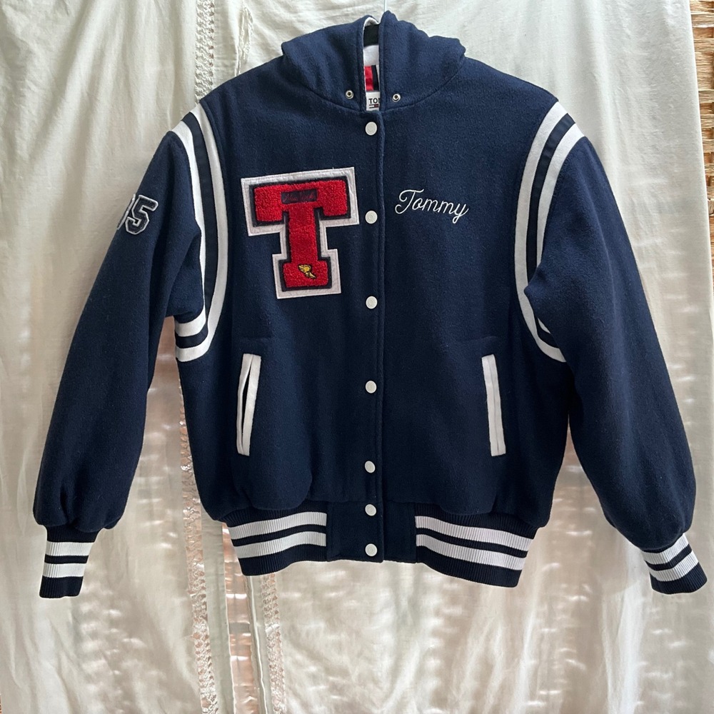 Tommy Jeans Mens Navy Wool Varsity Letterman Bomber Jacket Zip Hood‎ New York XS